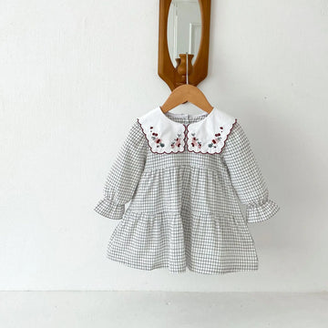 長袖ワンピース キッズワンピース フラワー刺繍ビッグ襟チェック長袖ワンピース【mh0008806】