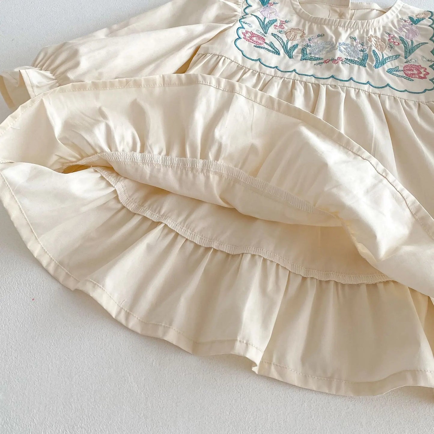 長袖ワンピース キッズワンピース フラワー花柄刺繍長袖パフスリーブワンピース【mh0008808】