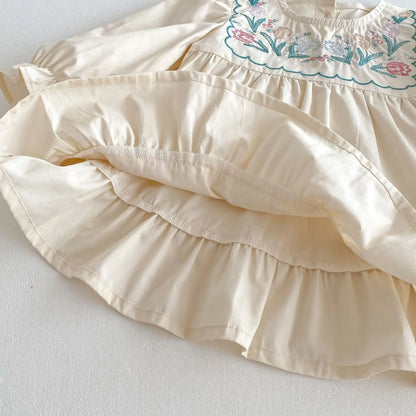 長袖ワンピース キッズワンピース フラワー花柄刺繍長袖パフスリーブワンピース【mh0008808】