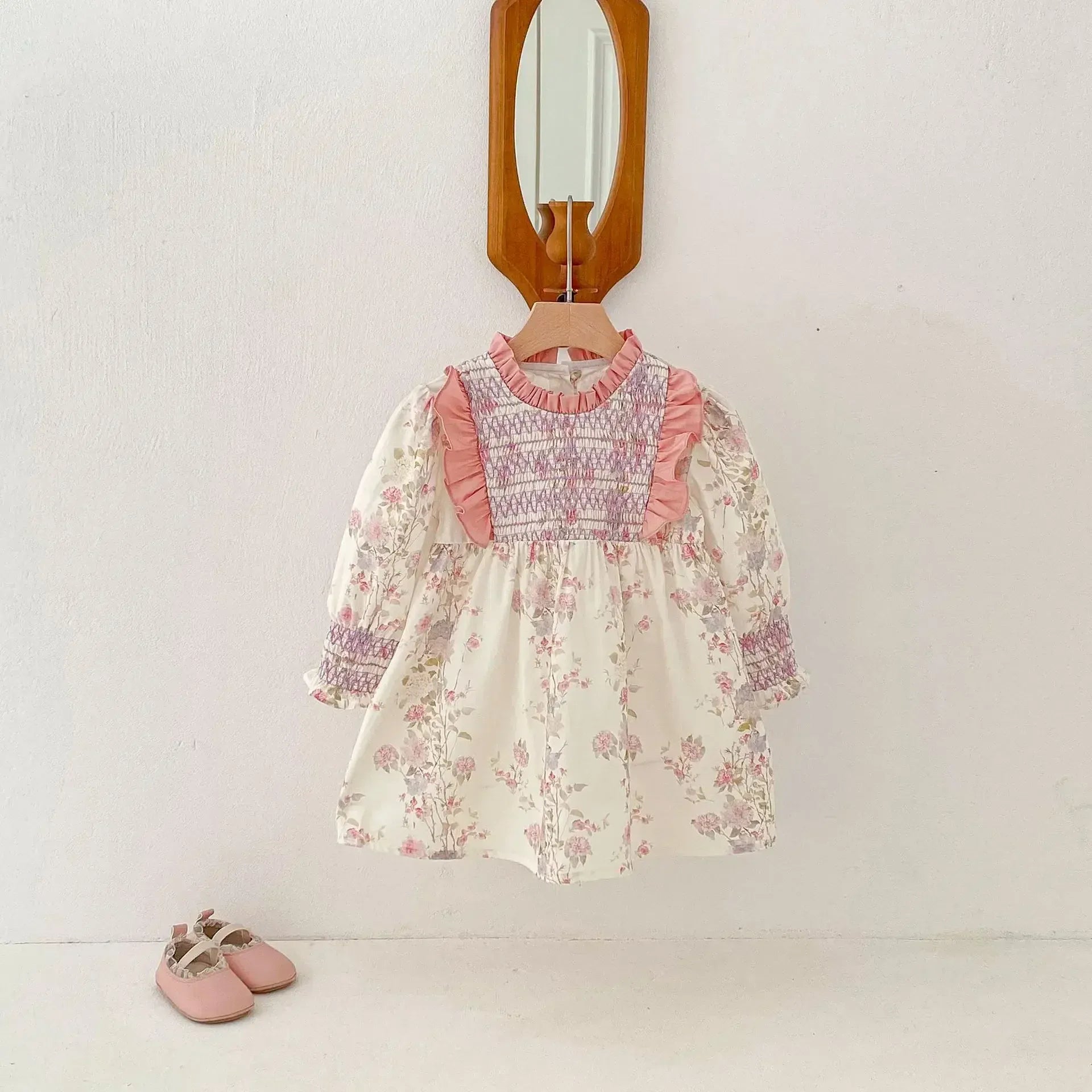 長袖ワンピース キッズワンピース フラワープリントフリルシャーリング長袖ドレスワンピース【mh0008959】