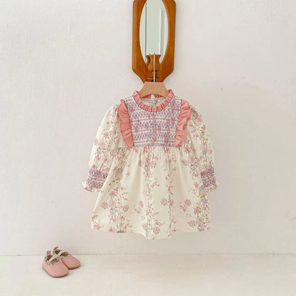 長袖ワンピース キッズワンピース フラワープリントフリルシャーリング長袖ドレスワンピース【mh0008959】