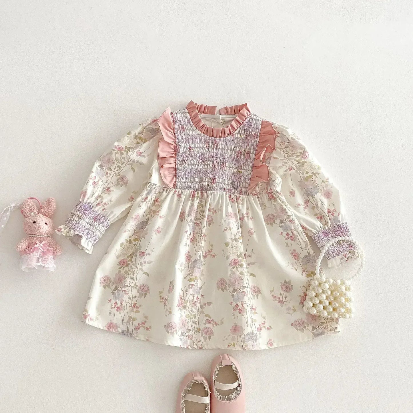 長袖ワンピース キッズワンピース フラワープリントフリルシャーリング長袖ドレスワンピース【mh0008959】