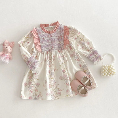 長袖ワンピース キッズワンピース フラワープリントフリルシャーリング長袖ドレスワンピース【mh0008959】