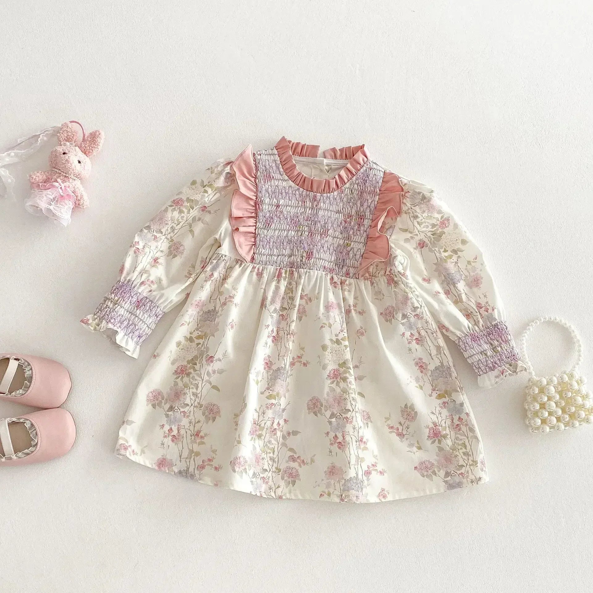 長袖ワンピース キッズワンピース フラワープリントフリルシャーリング長袖ドレスワンピース【mh0008959】