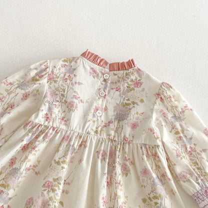 長袖ワンピース キッズワンピース フラワープリントフリルシャーリング長袖ドレスワンピース【mh0008959】