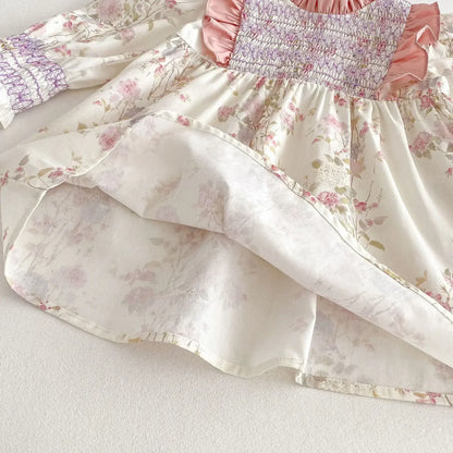 長袖ワンピース キッズワンピース フラワープリントフリルシャーリング長袖ドレスワンピース【mh0008959】