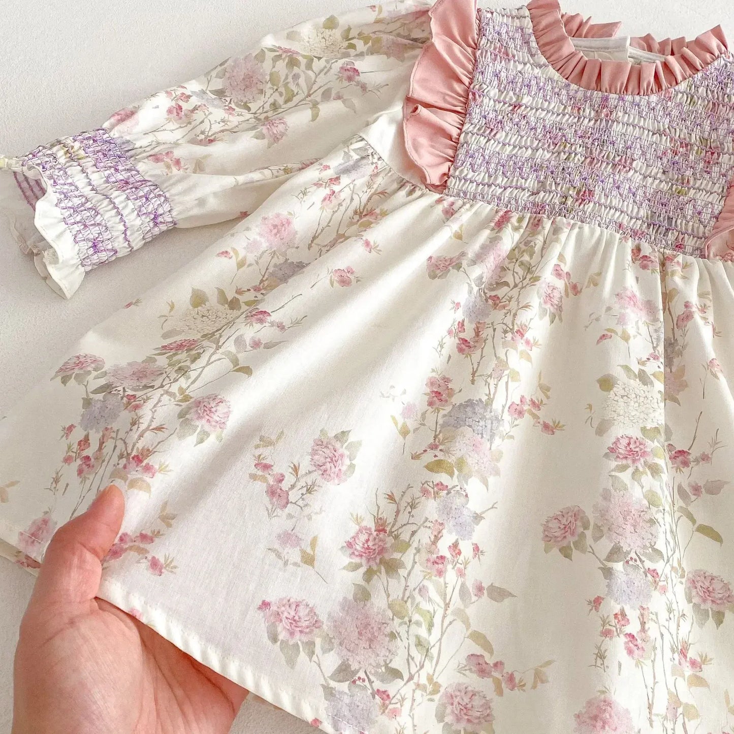 長袖ワンピース キッズワンピース フラワープリントフリルシャーリング長袖ドレスワンピース【mh0008959】