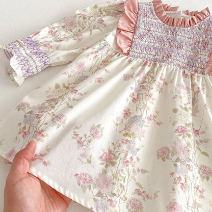 長袖ワンピース キッズワンピース フラワープリントフリルシャーリング長袖ドレスワンピース【mh0008959】