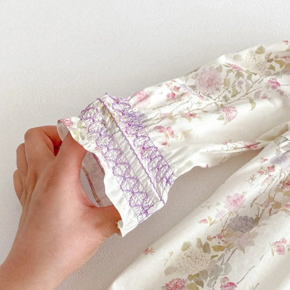 長袖ワンピース キッズワンピース フラワープリントフリルシャーリング長袖ドレスワンピース【mh0008959】