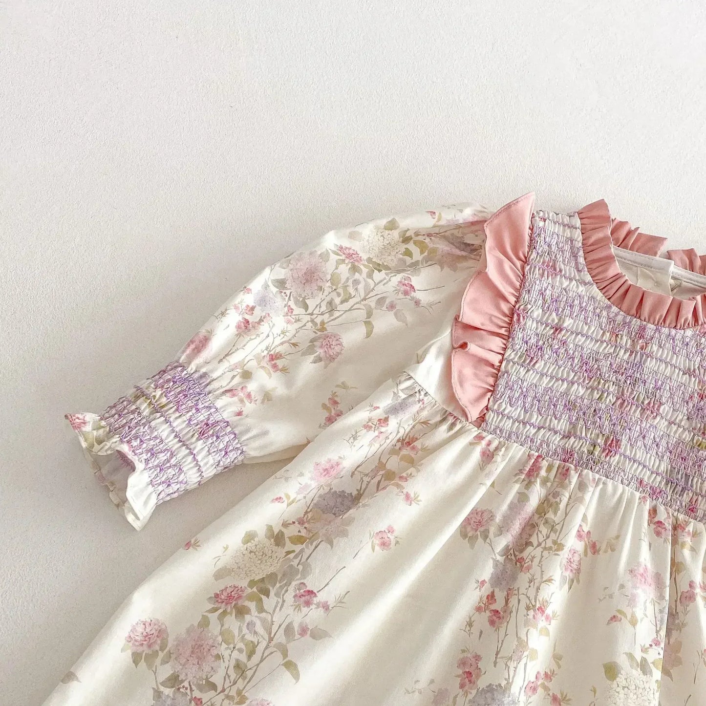 長袖ワンピース キッズワンピース フラワープリントフリルシャーリング長袖ドレスワンピース【mh0008959】