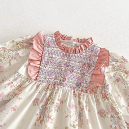 長袖ワンピース キッズワンピース フラワープリントフリルシャーリング長袖ドレスワンピース【mh0008959】