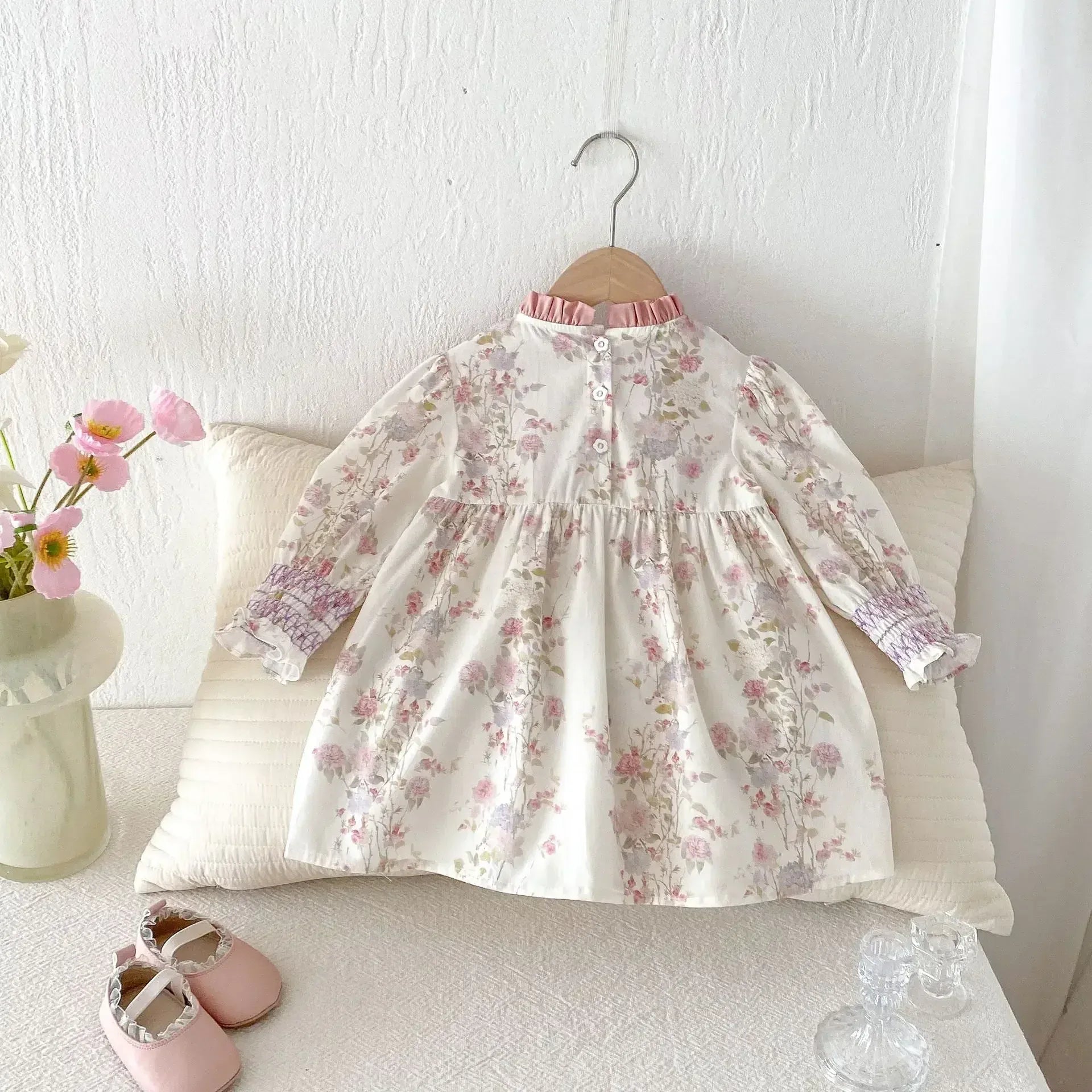 長袖ワンピース キッズワンピース フラワープリントフリルシャーリング長袖ドレスワンピース【mh0008959】