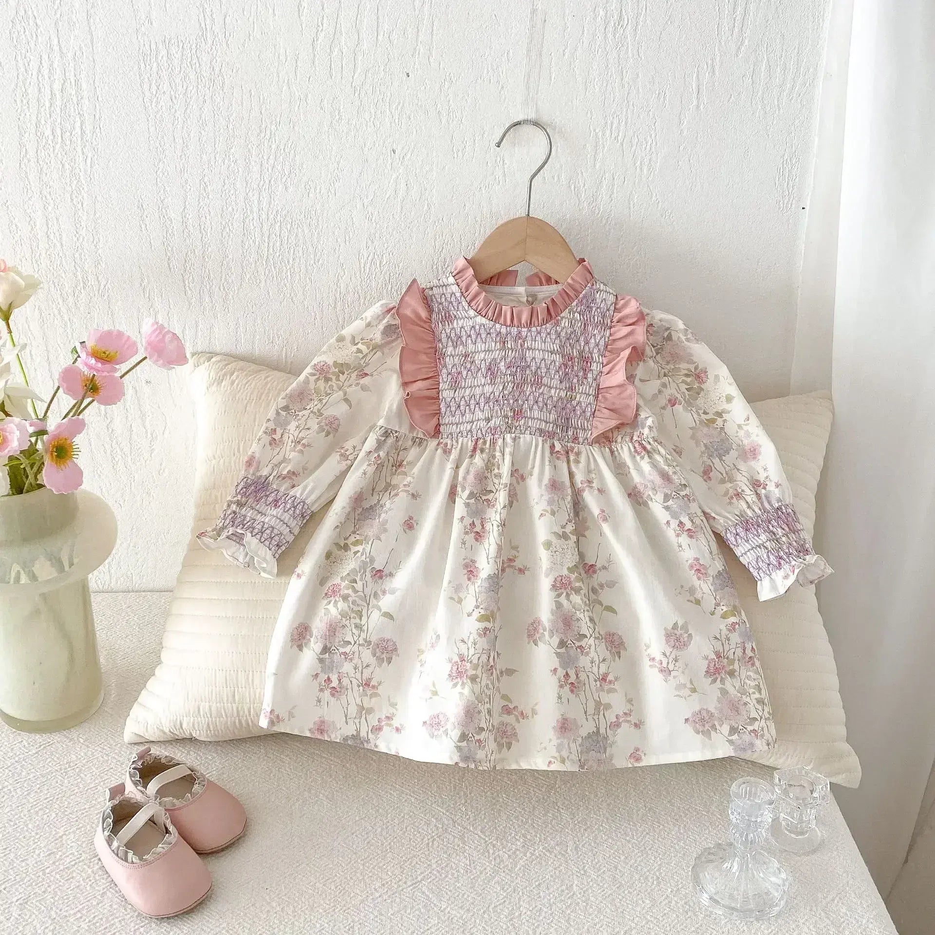 長袖ワンピース キッズワンピース フラワープリントフリルシャーリング長袖ドレスワンピース【mh0008959】