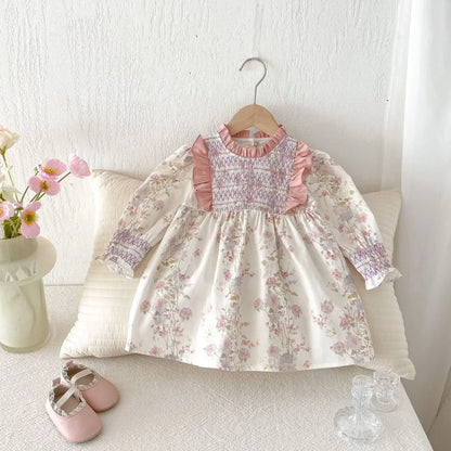 長袖ワンピース キッズワンピース フラワープリントフリルシャーリング長袖ドレスワンピース【mh0008959】