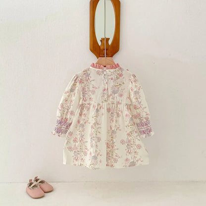 長袖ワンピース キッズワンピース フラワープリントフリルシャーリング長袖ドレスワンピース【mh0008959】