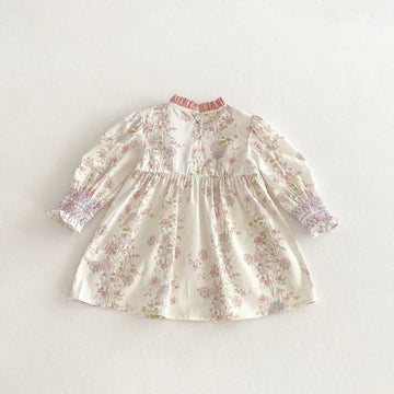 長袖ワンピース キッズワンピース フラワープリントフリルシャーリング長袖ドレスワンピース【mh0008959】