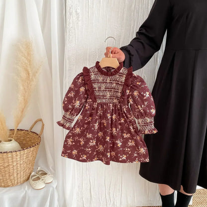 長袖ワンピース キッズワンピース フラワープリントフリルシャーリング長袖ボヘミアンワンピース【mh0008960】