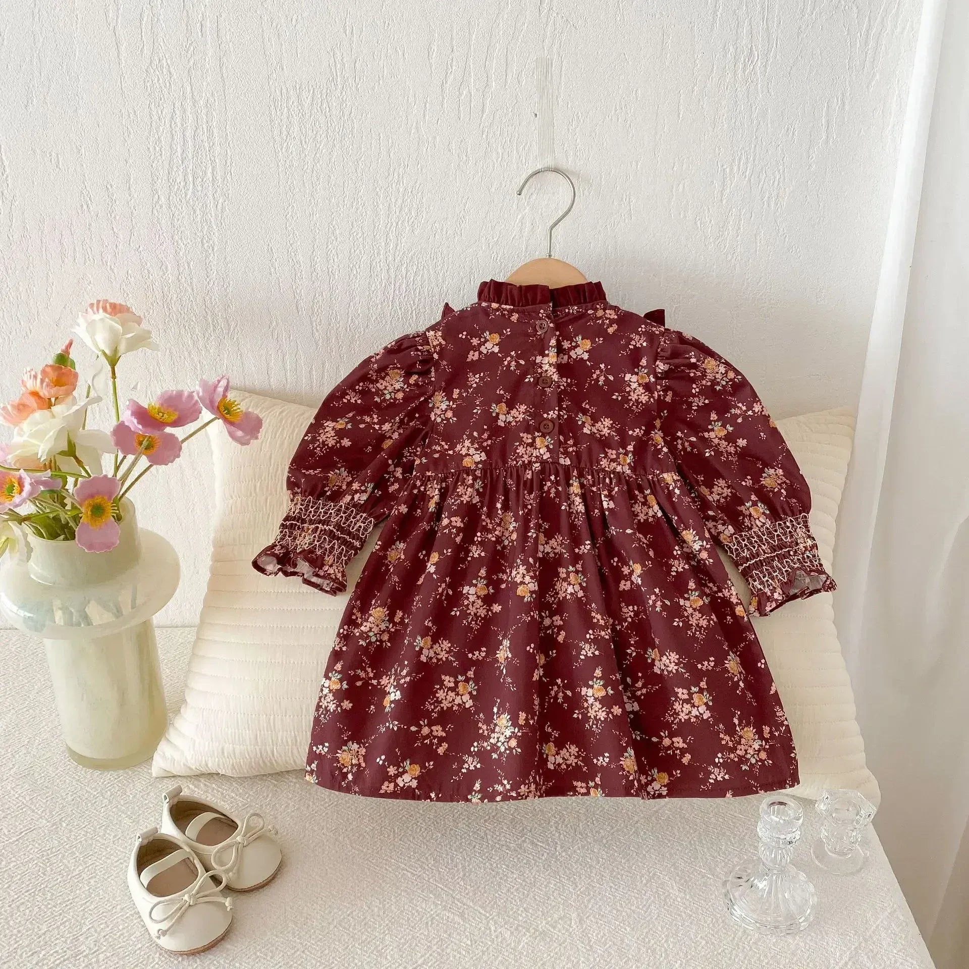 長袖ワンピース キッズワンピース フラワープリントフリルシャーリング長袖ボヘミアンワンピース【mh0008960】