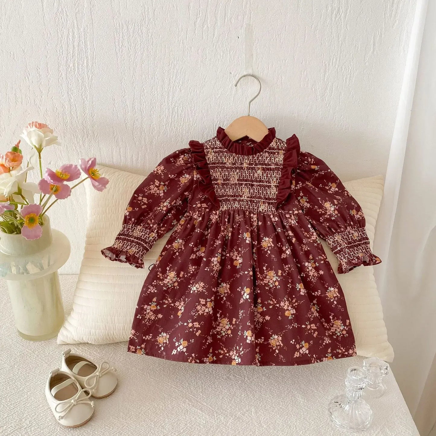 長袖ワンピース キッズワンピース フラワープリントフリルシャーリング長袖ボヘミアンワンピース【mh0008960】