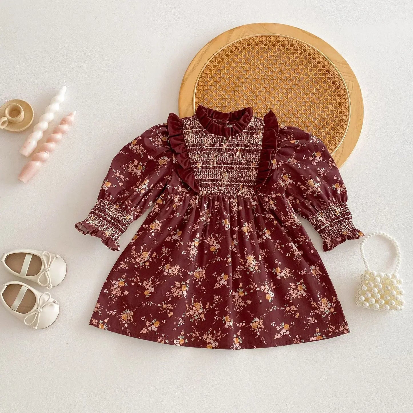 長袖ワンピース キッズワンピース フラワープリントフリルシャーリング長袖ボヘミアンワンピース【mh0008960】