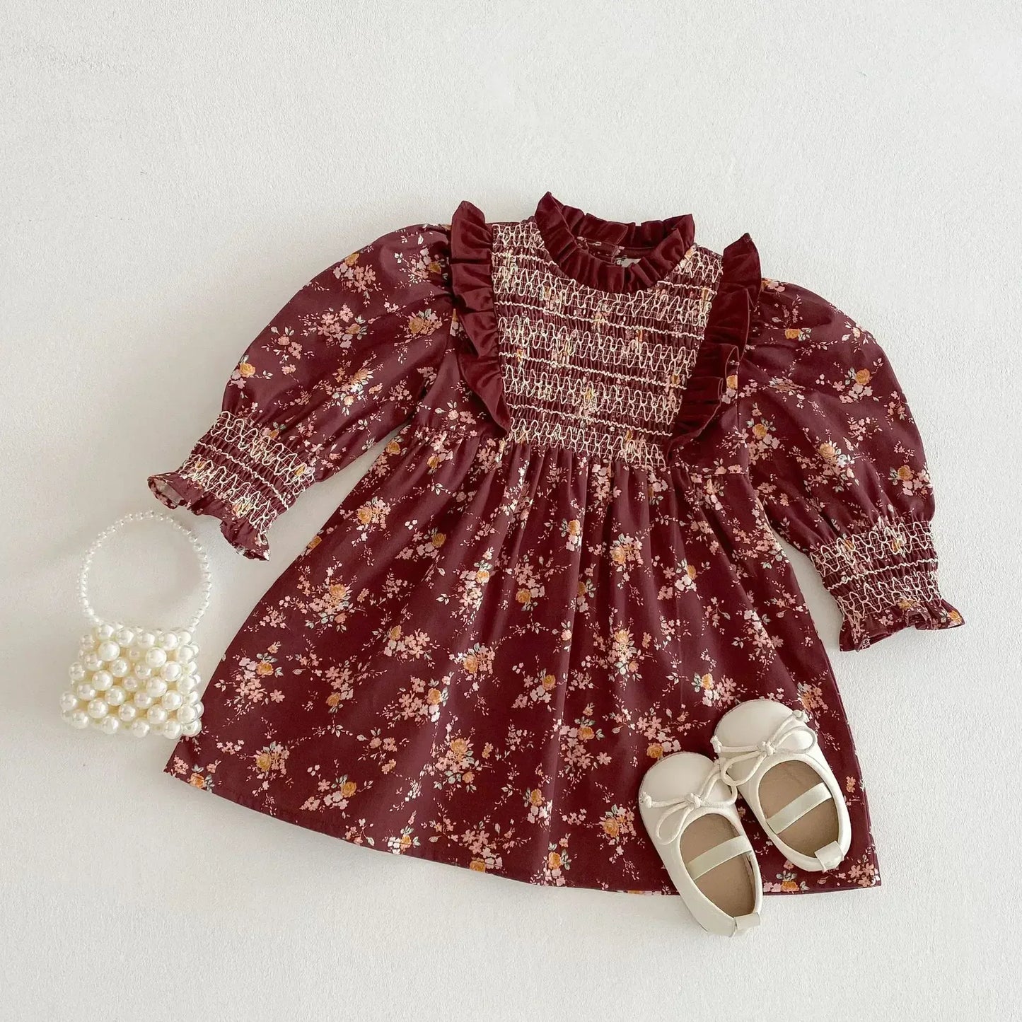 長袖ワンピース キッズワンピース フラワープリントフリルシャーリング長袖ボヘミアンワンピース【mh0008960】