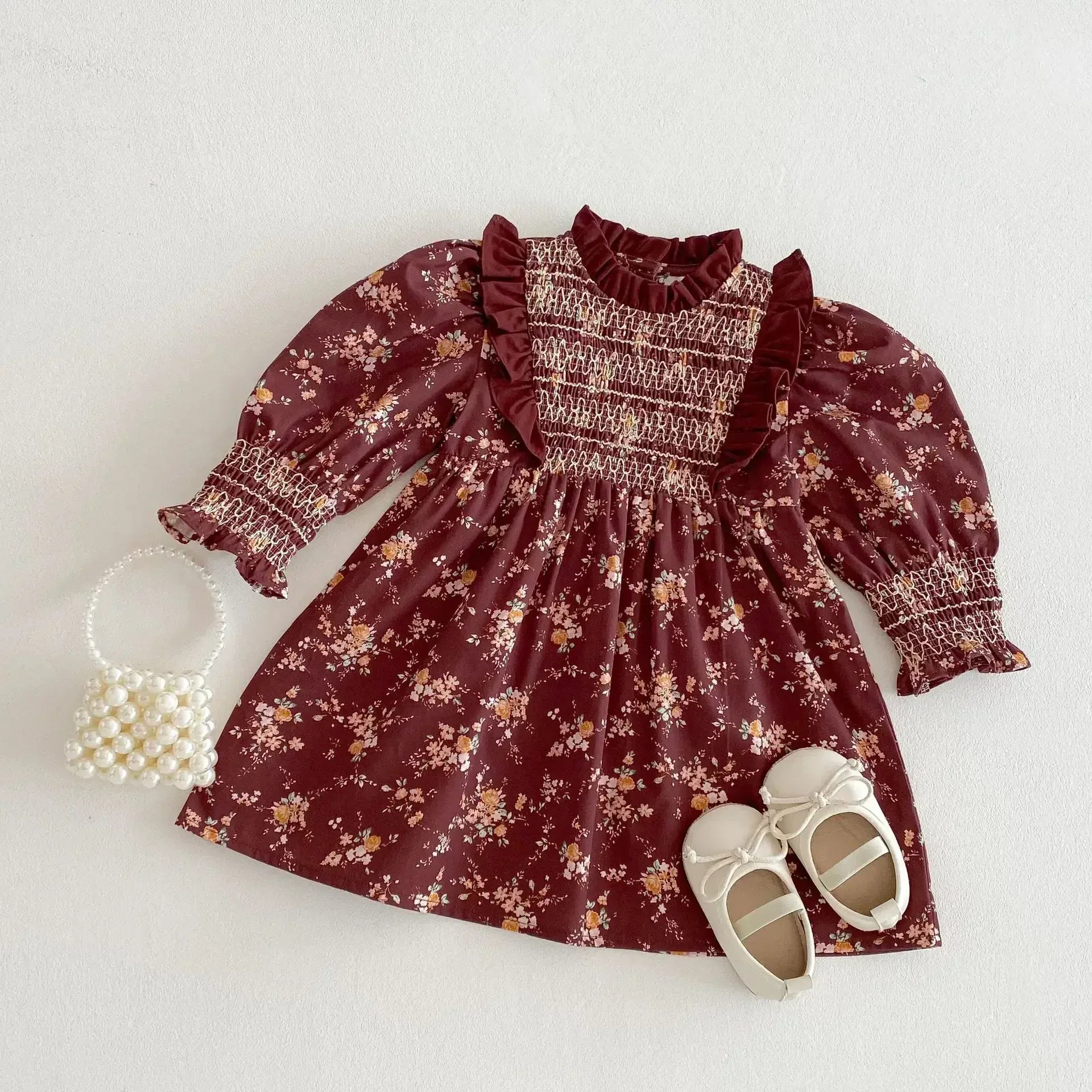 長袖ワンピース キッズワンピース フラワープリントフリルシャーリング長袖ボヘミアンワンピース【mh0008960】