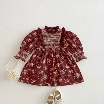 長袖ワンピース キッズワンピース フラワープリントフリルシャーリング長袖ボヘミアンワンピース【mh0008960】