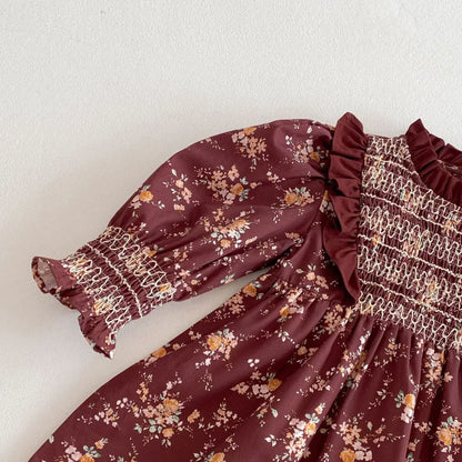 長袖ワンピース キッズワンピース フラワープリントフリルシャーリング長袖ボヘミアンワンピース【mh0008960】