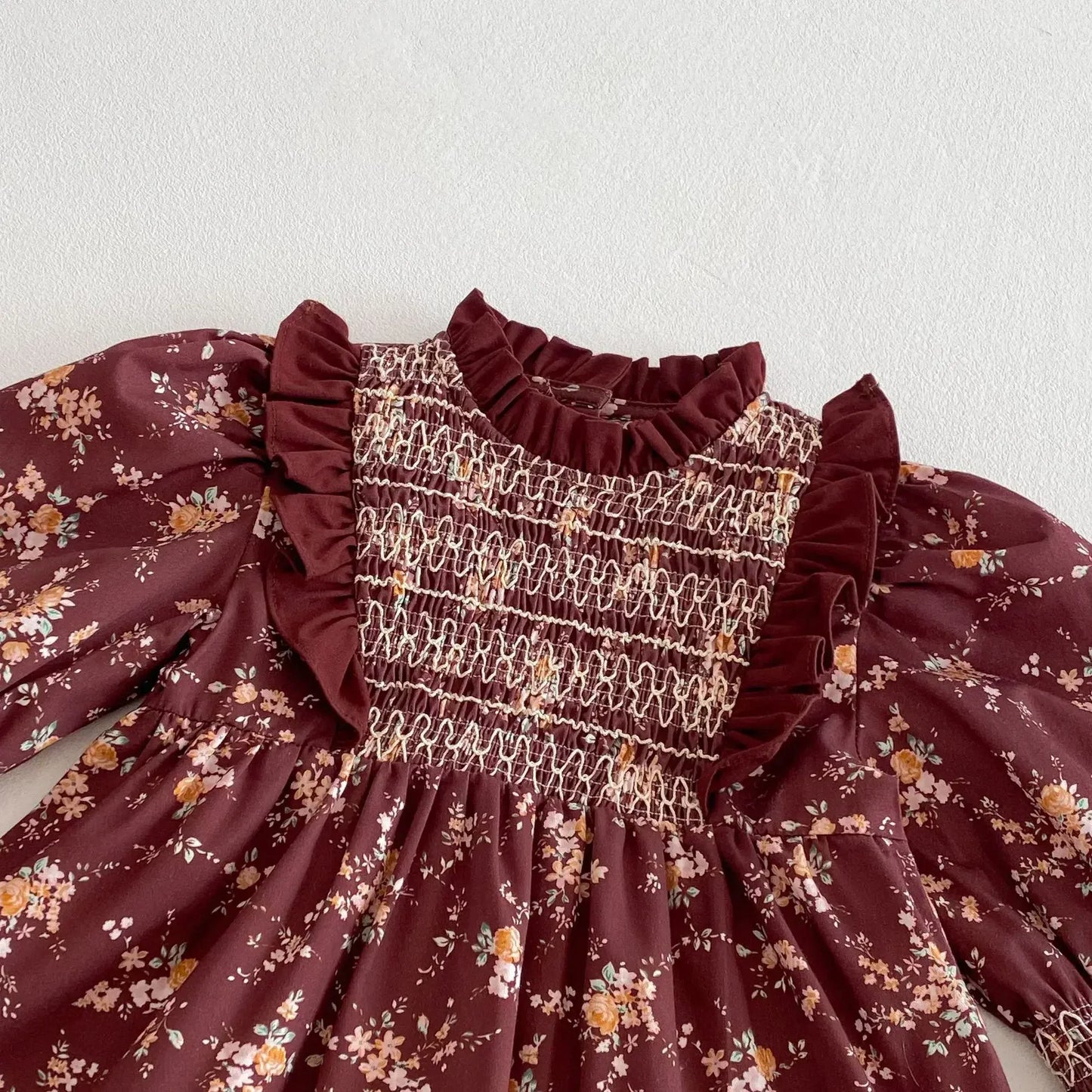 長袖ワンピース キッズワンピース フラワープリントフリルシャーリング長袖ボヘミアンワンピース【mh0008960】