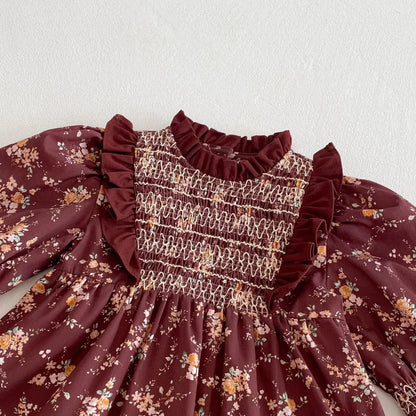 長袖ワンピース キッズワンピース フラワープリントフリルシャーリング長袖ボヘミアンワンピース【mh0008960】