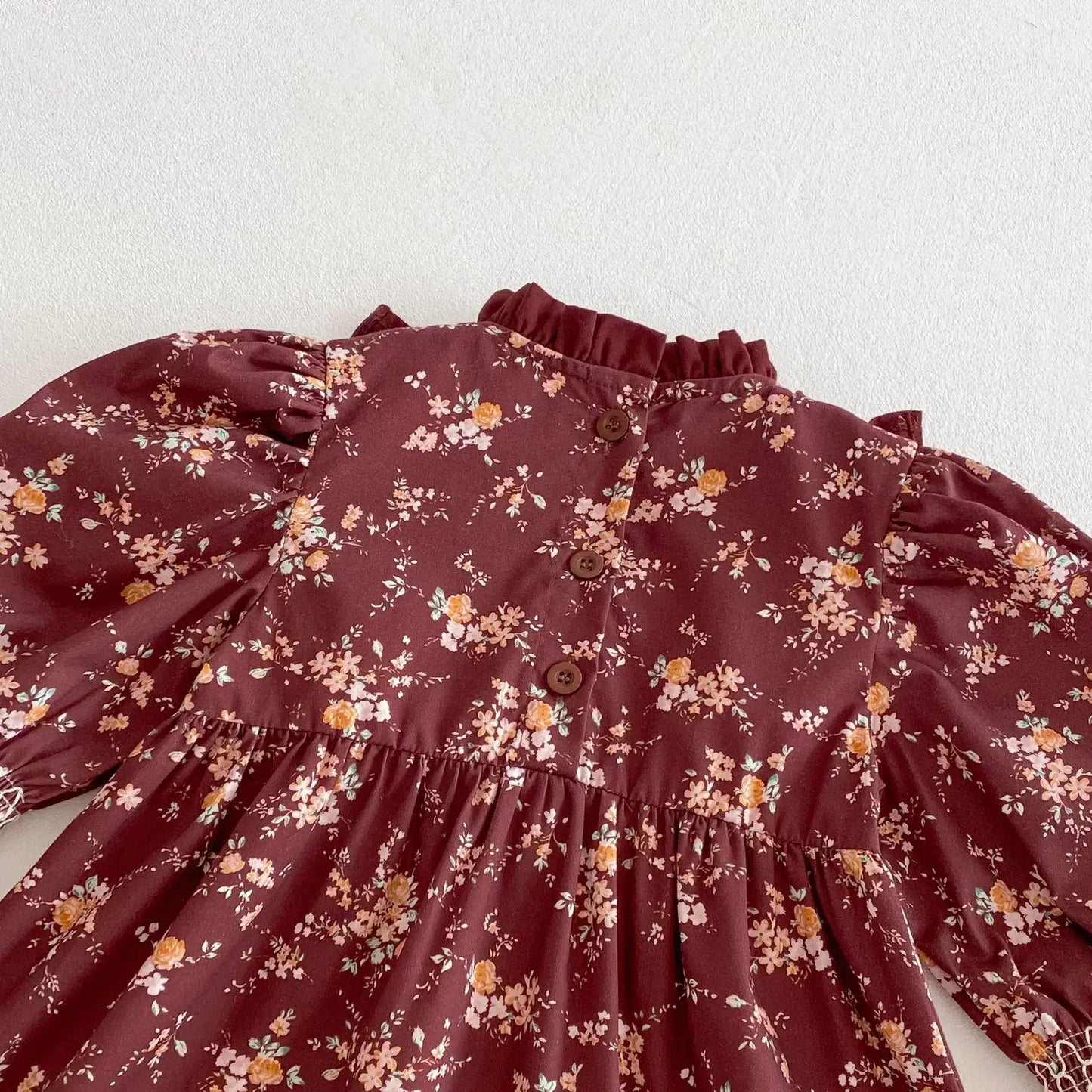 長袖ワンピース キッズワンピース フラワープリントフリルシャーリング長袖ボヘミアンワンピース【mh0008960】