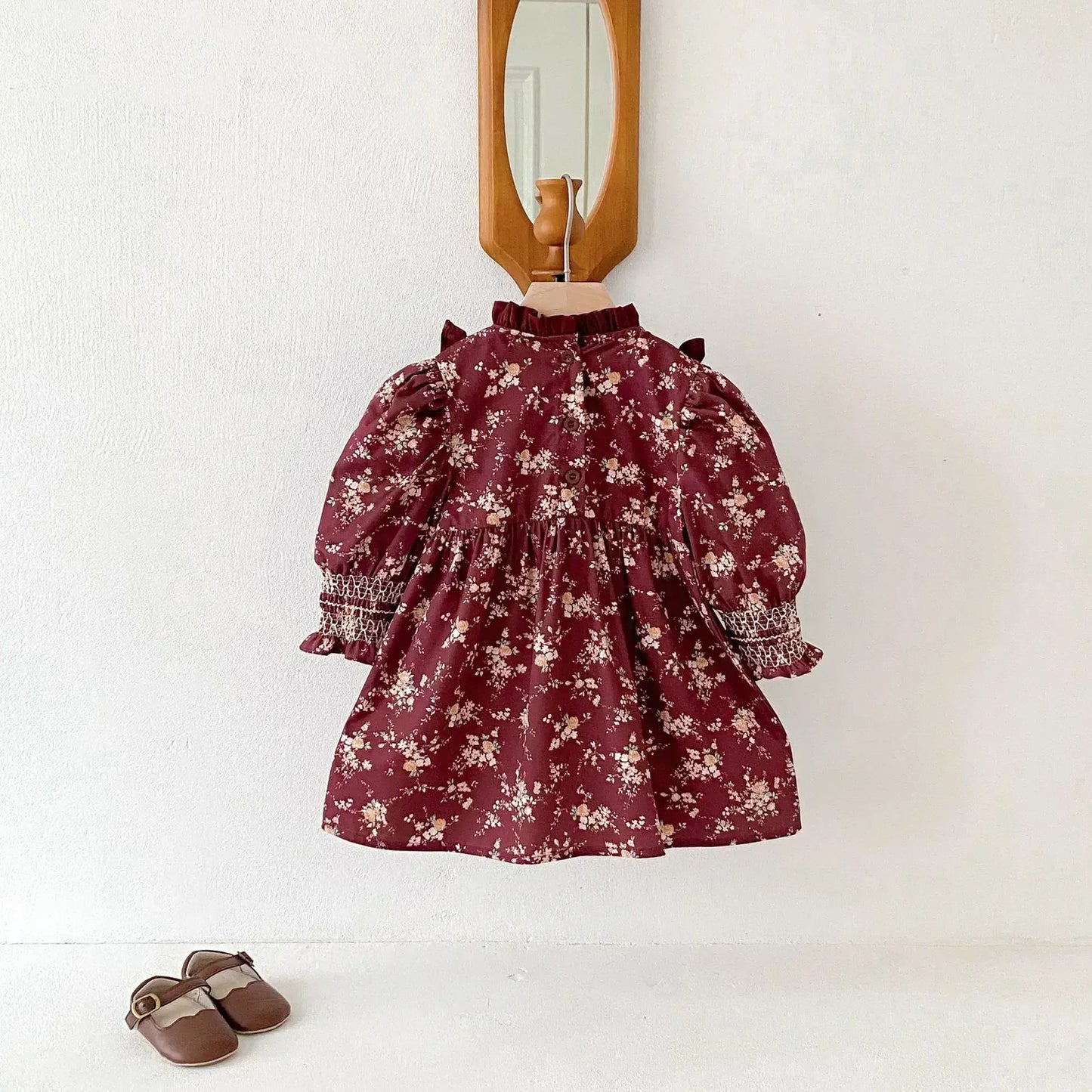 長袖ワンピース キッズワンピース フラワープリントフリルシャーリング長袖ボヘミアンワンピース【mh0008960】