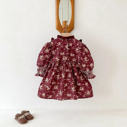 長袖ワンピース キッズワンピース フラワープリントフリルシャーリング長袖ボヘミアンワンピース【mh0008960】