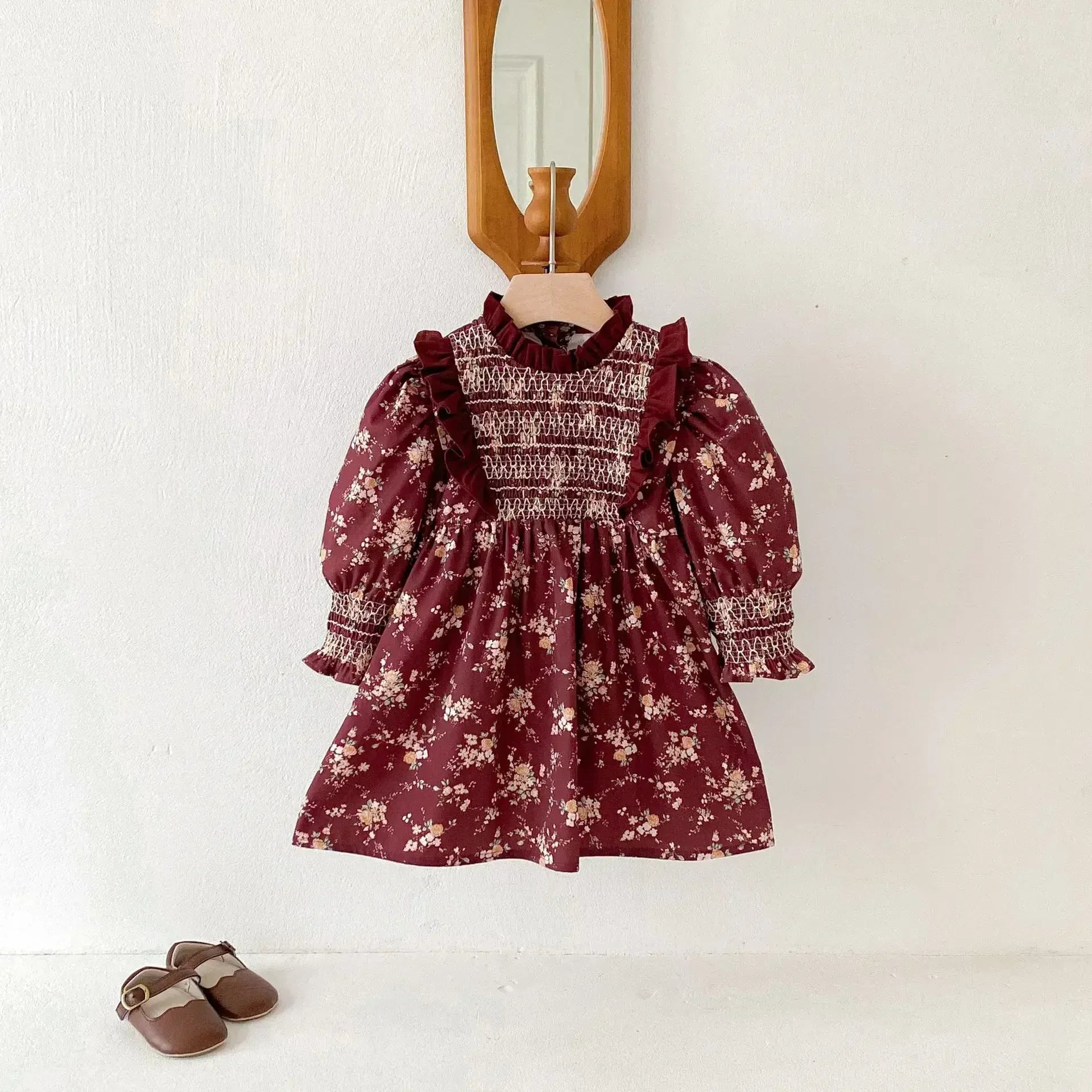 長袖ワンピース キッズワンピース フラワープリントフリルシャーリング長袖ボヘミアンワンピース【mh0008960】