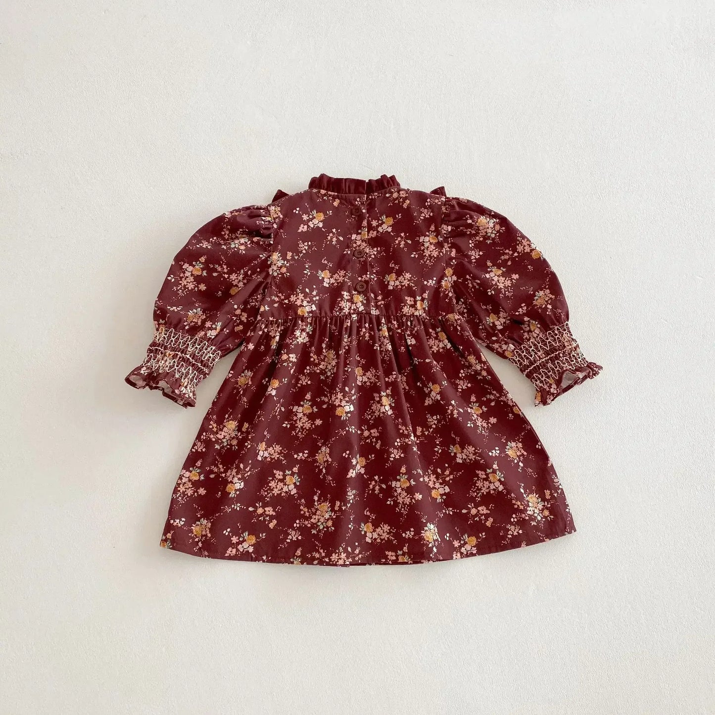 長袖ワンピース キッズワンピース フラワープリントフリルシャーリング長袖ボヘミアンワンピース【mh0008960】