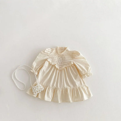 長袖ワンピース キッズワンピース 刺繍フリル長袖パフスリーブドレスワンピース【mh0008961】