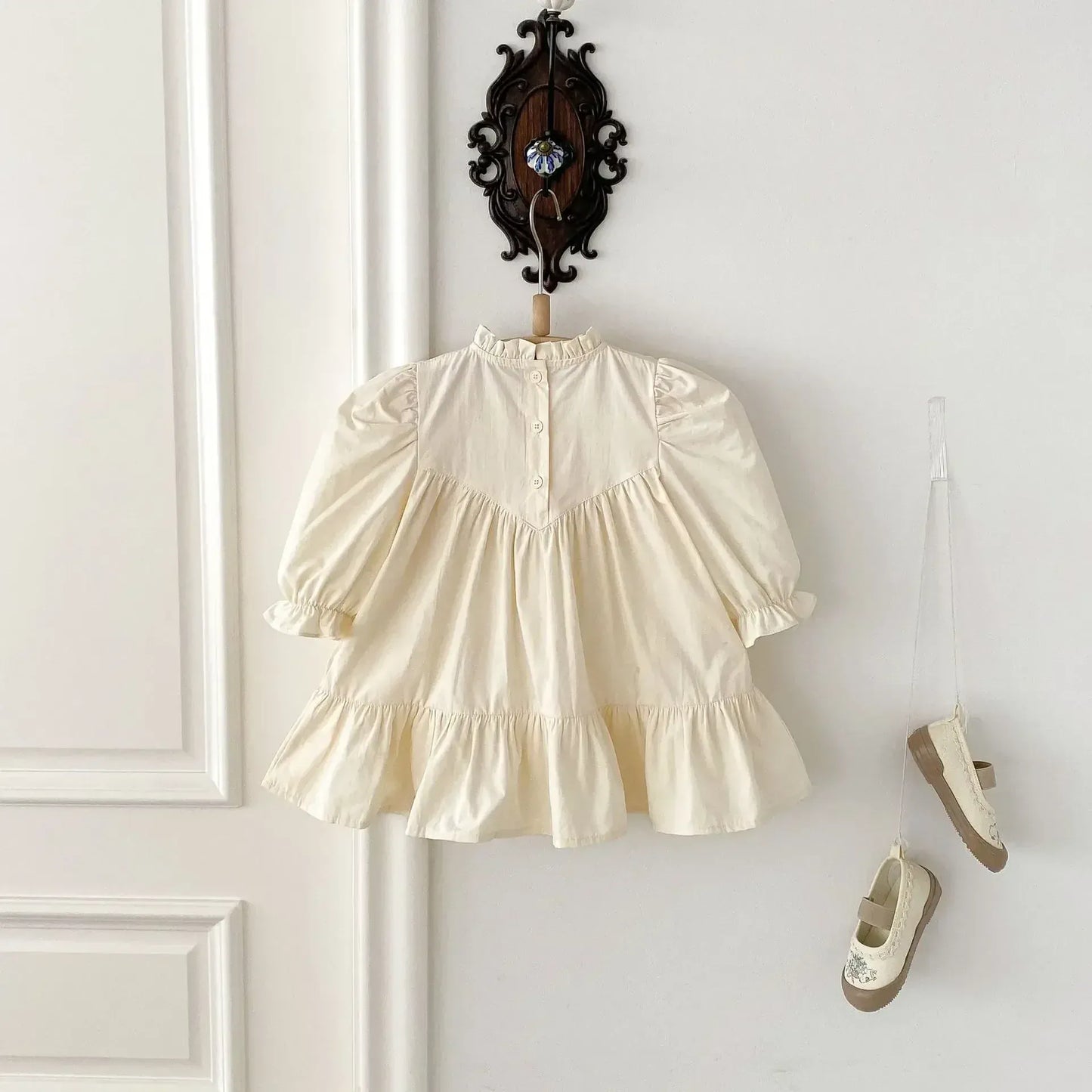 長袖ワンピース キッズワンピース 刺繍フリル長袖パフスリーブドレスワンピース【mh0008961】