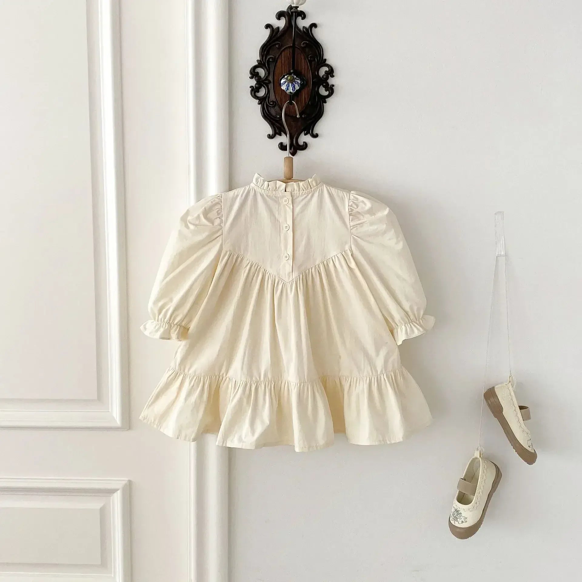 長袖ワンピース キッズワンピース 刺繍フリル長袖パフスリーブドレスワンピース【mh0008961】