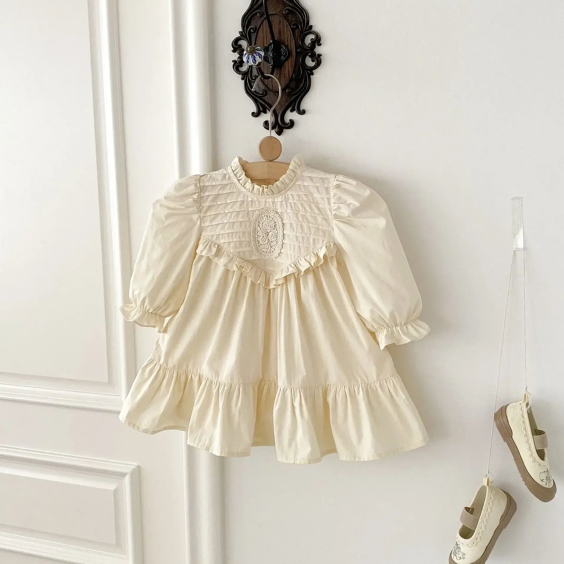 長袖ワンピース キッズワンピース 刺繍フリル長袖パフスリーブドレスワンピース【mh0008961】