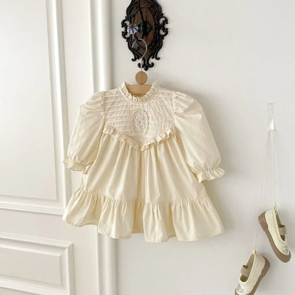 長袖ワンピース キッズワンピース 刺繍フリル長袖パフスリーブドレスワンピース【mh0008961】