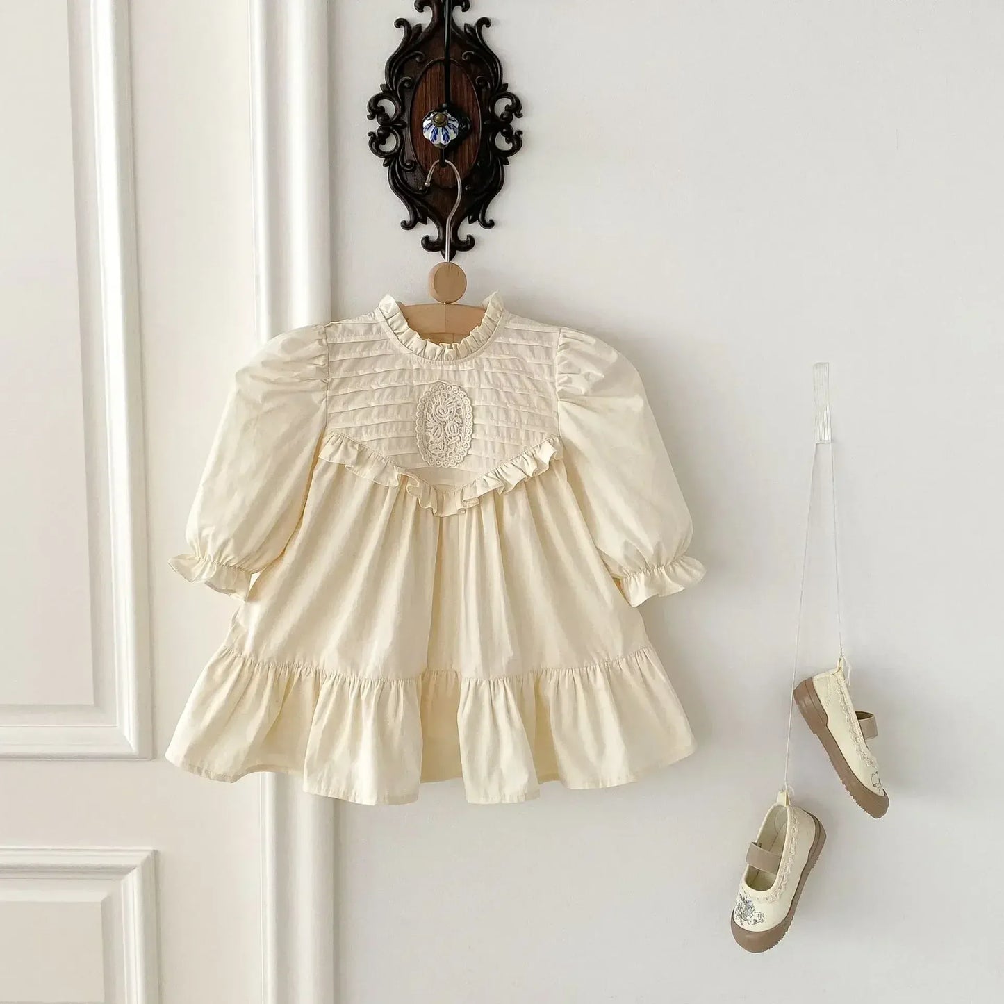 長袖ワンピース キッズワンピース 刺繍フリル長袖パフスリーブドレスワンピース【mh0008961】