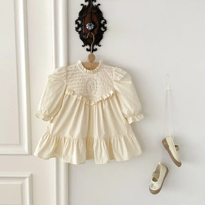 長袖ワンピース キッズワンピース 刺繍フリル長袖パフスリーブドレスワンピース【mh0008961】