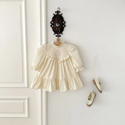 長袖ワンピース キッズワンピース 刺繍フリル長袖パフスリーブドレスワンピース【mh0008961】