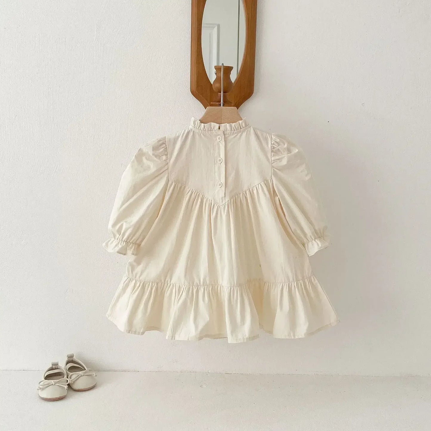 長袖ワンピース キッズワンピース 刺繍フリル長袖パフスリーブドレスワンピース【mh0008961】