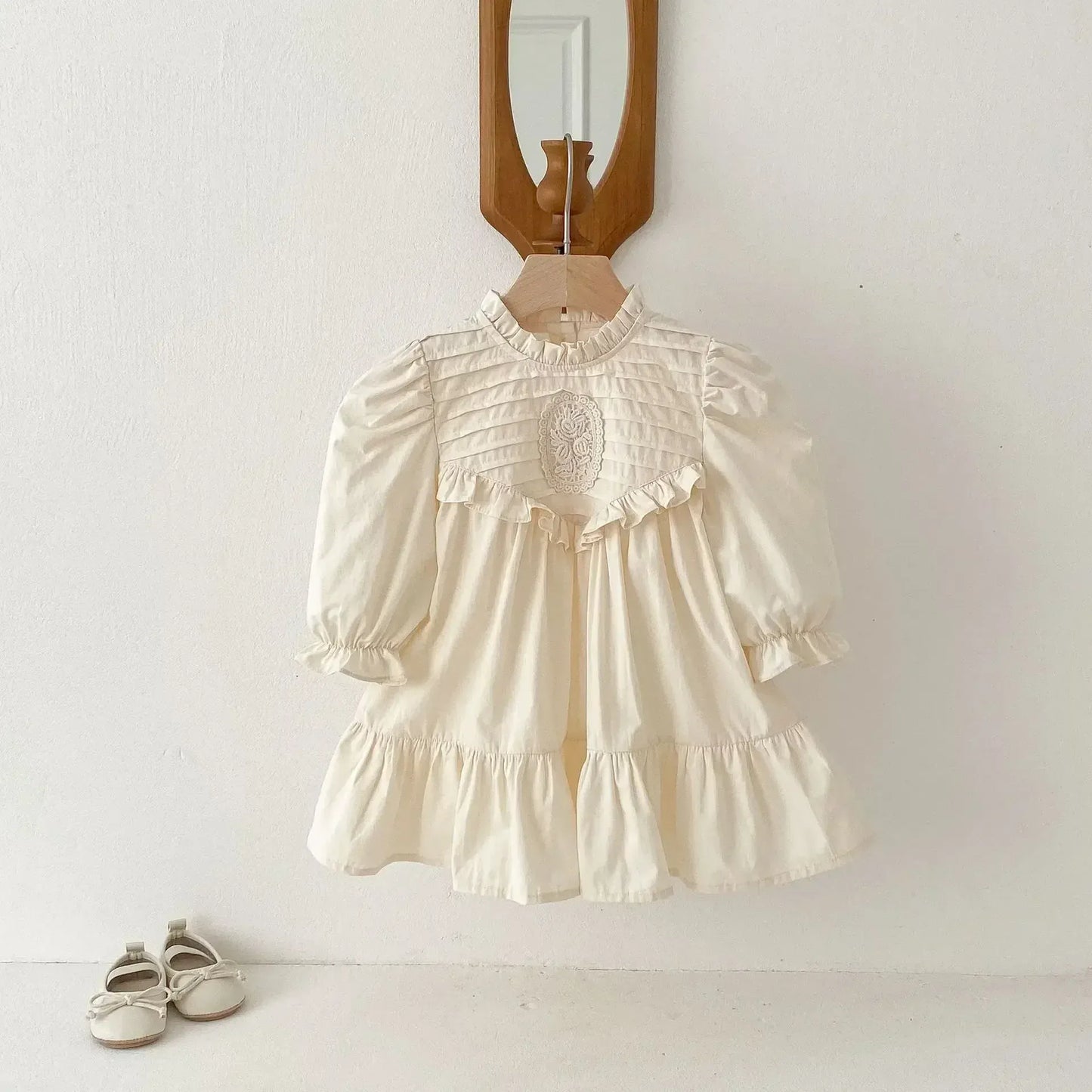 長袖ワンピース キッズワンピース 刺繍フリル長袖パフスリーブドレスワンピース【mh0008961】