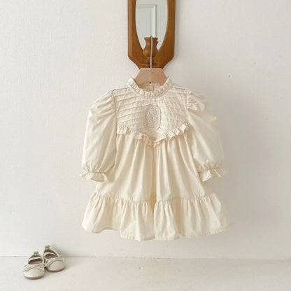 長袖ワンピース キッズワンピース 刺繍フリル長袖パフスリーブドレスワンピース【mh0008961】