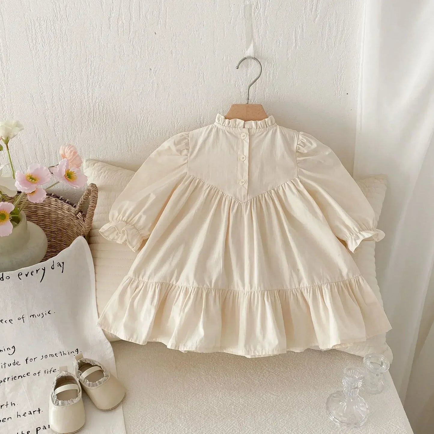 長袖ワンピース キッズワンピース 刺繍フリル長袖パフスリーブドレスワンピース【mh0008961】