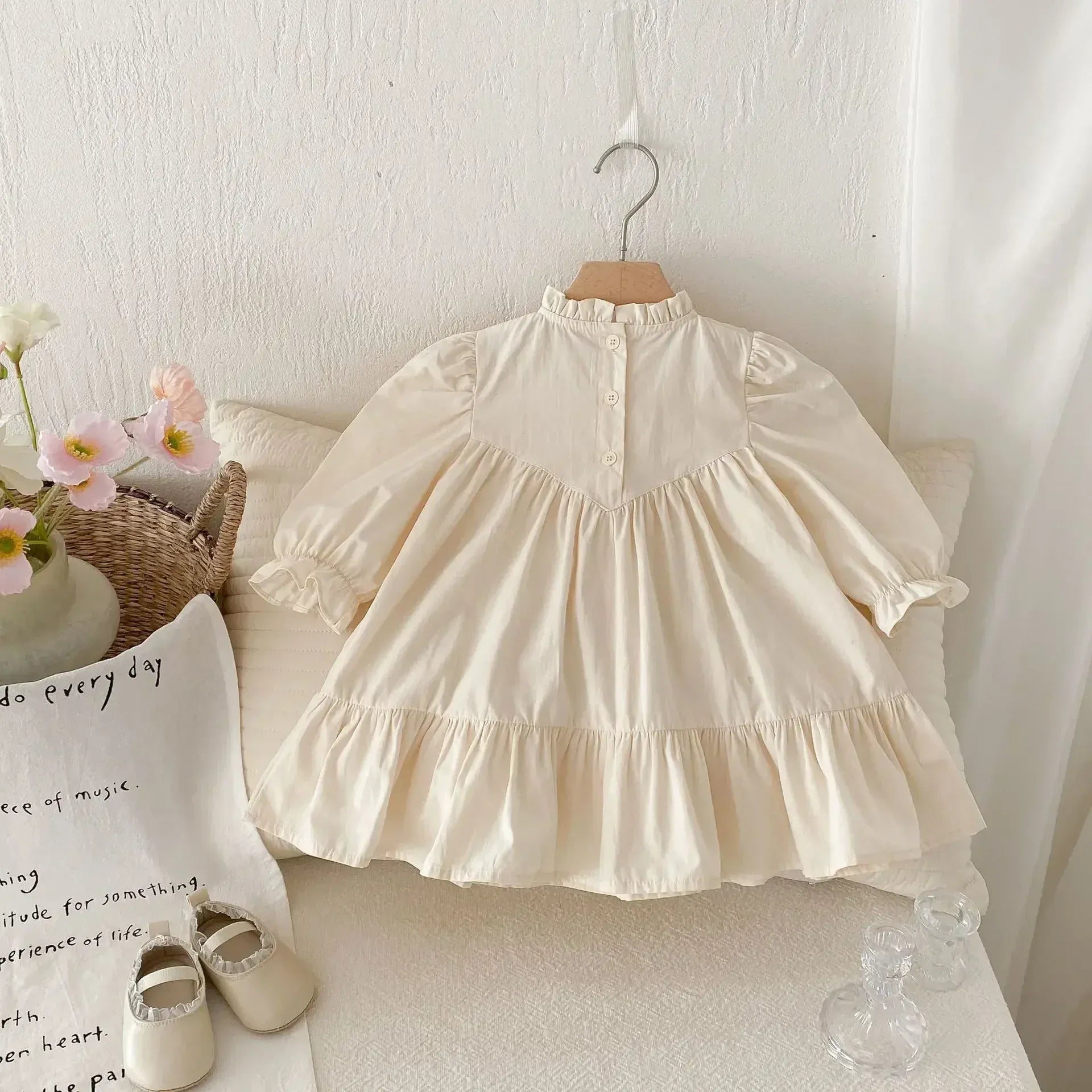 長袖ワンピース キッズワンピース 刺繍フリル長袖パフスリーブドレスワンピース【mh0008961】