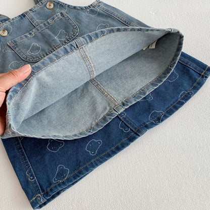 ノースリーブワンピース デニムサスペンダーワンピース ベアくまプリントジャンパースカート【mh0009232】