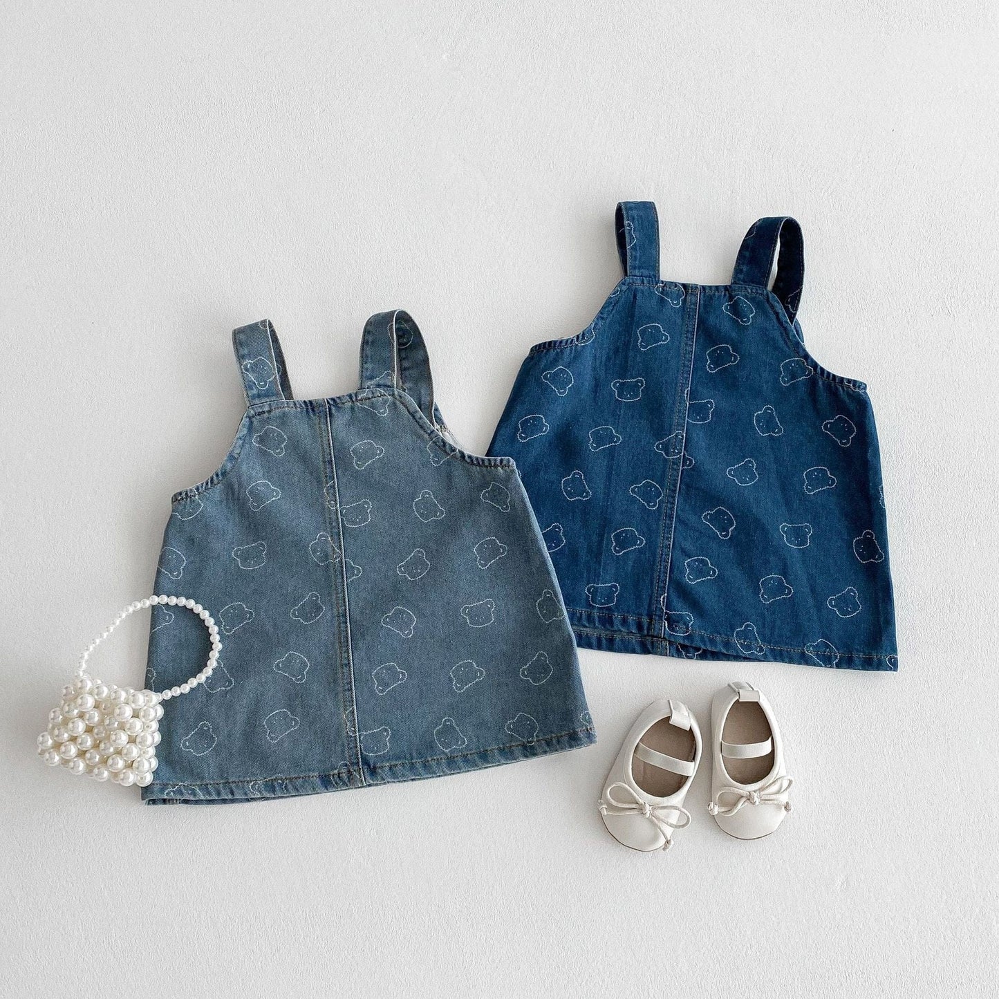 ノースリーブワンピース デニムサスペンダーワンピース ベアくまプリントジャンパースカート【mh0009232】